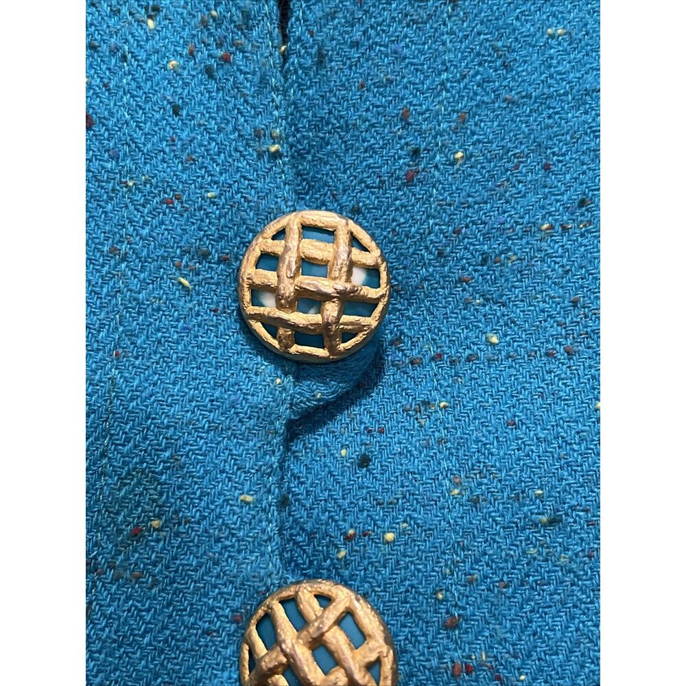 VTG Noviello Bloom Teal Herringbone Tweed Skirt Suit Set Gold Button Peplum - Picture 3 of 7